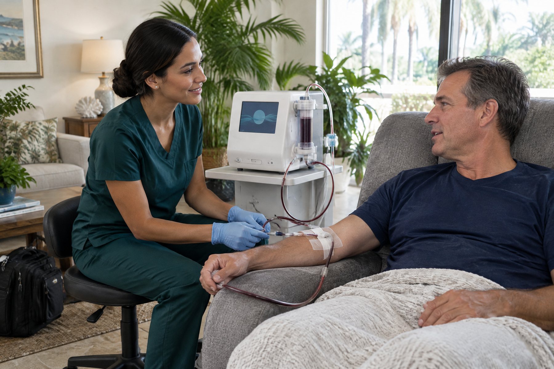 A licensed medical professional checking the EBOO tubing at a client&rsquo;s forearm as he relaxes in a recliner at home, the EBOO unit beside them