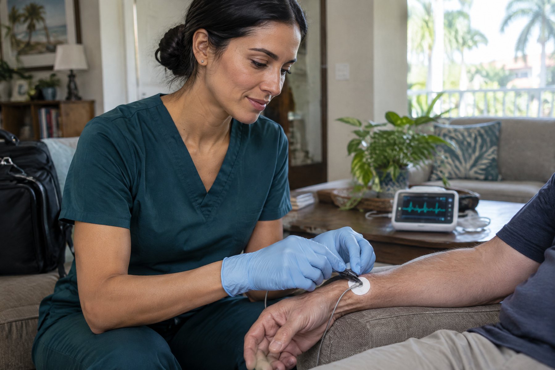 A licensed medical professional clipping an EKG lead onto an electrode at a client&rsquo;s wrist at home, with a portable EKG unit on the table