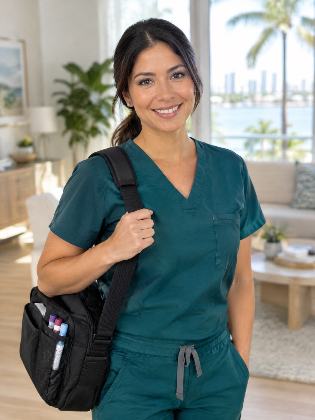 Portrait of an IVR Health Group licensed medical professional in dark teal scrubs