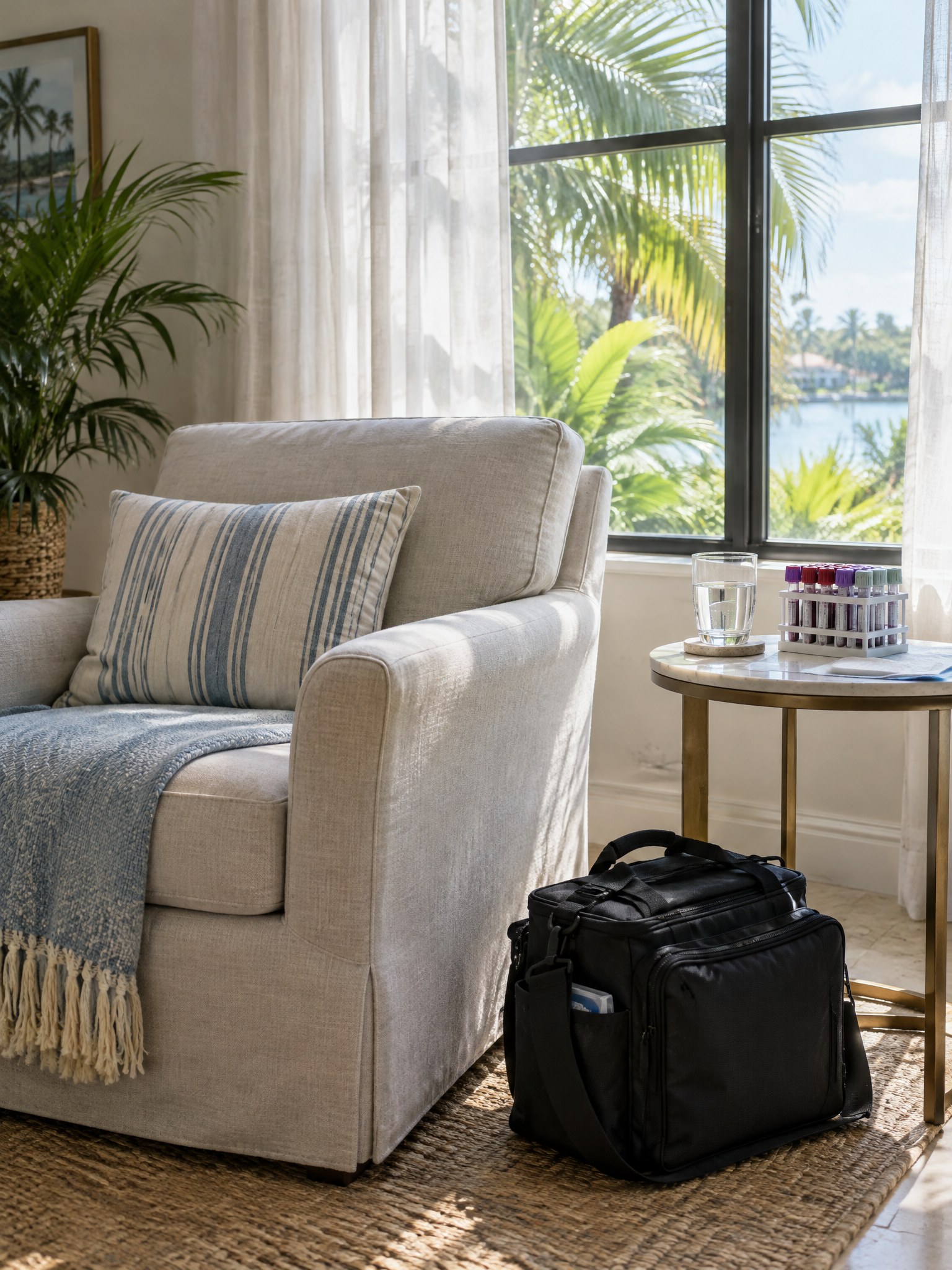 A bright living room set up for an at-home visit