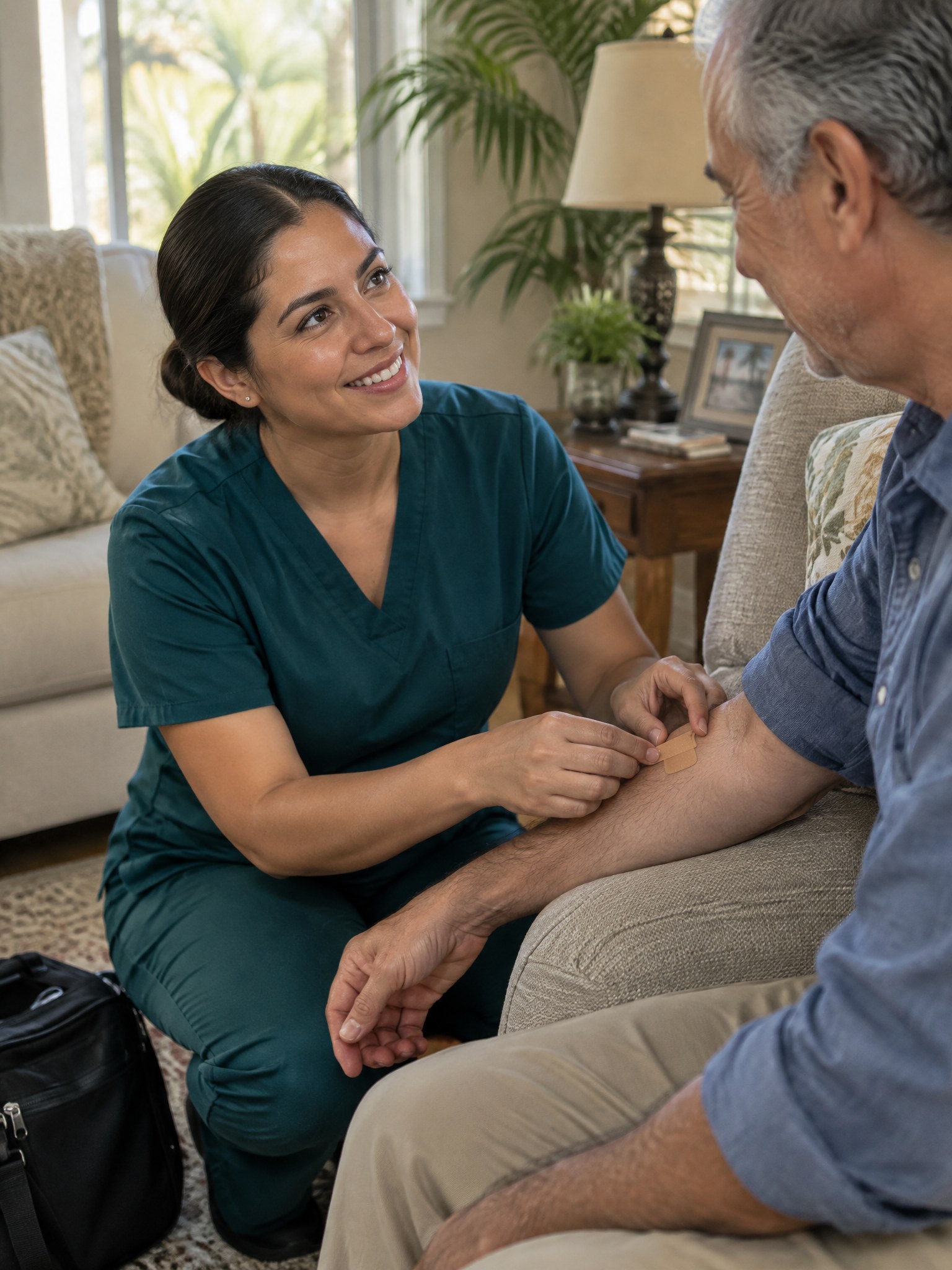 A licensed medical professional kneeling beside an older client to place a bandage after an at-home blood draw