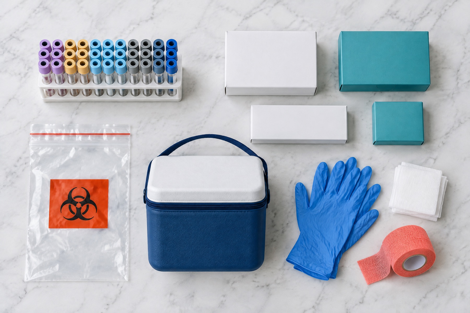 Flat-lay of blood collection tubes, specialty lab kits, and a shipping cooler