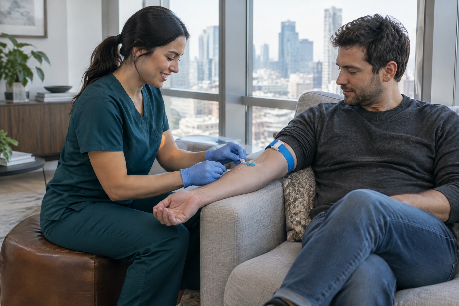 A licensed medical professional drawing blood from a client seated on a sofa at home